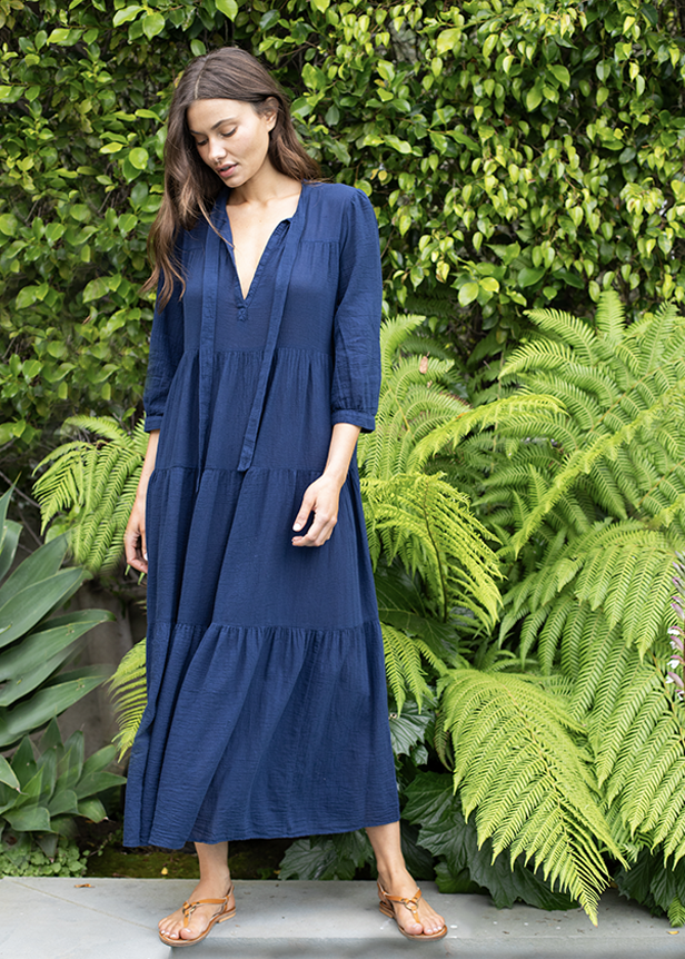 Honorine Giselle Tiered Gauze Maxi Dress, Midnight, Women's, L, Swimwear Swimsuits Bathing Suits Swim Coverups & Caftans