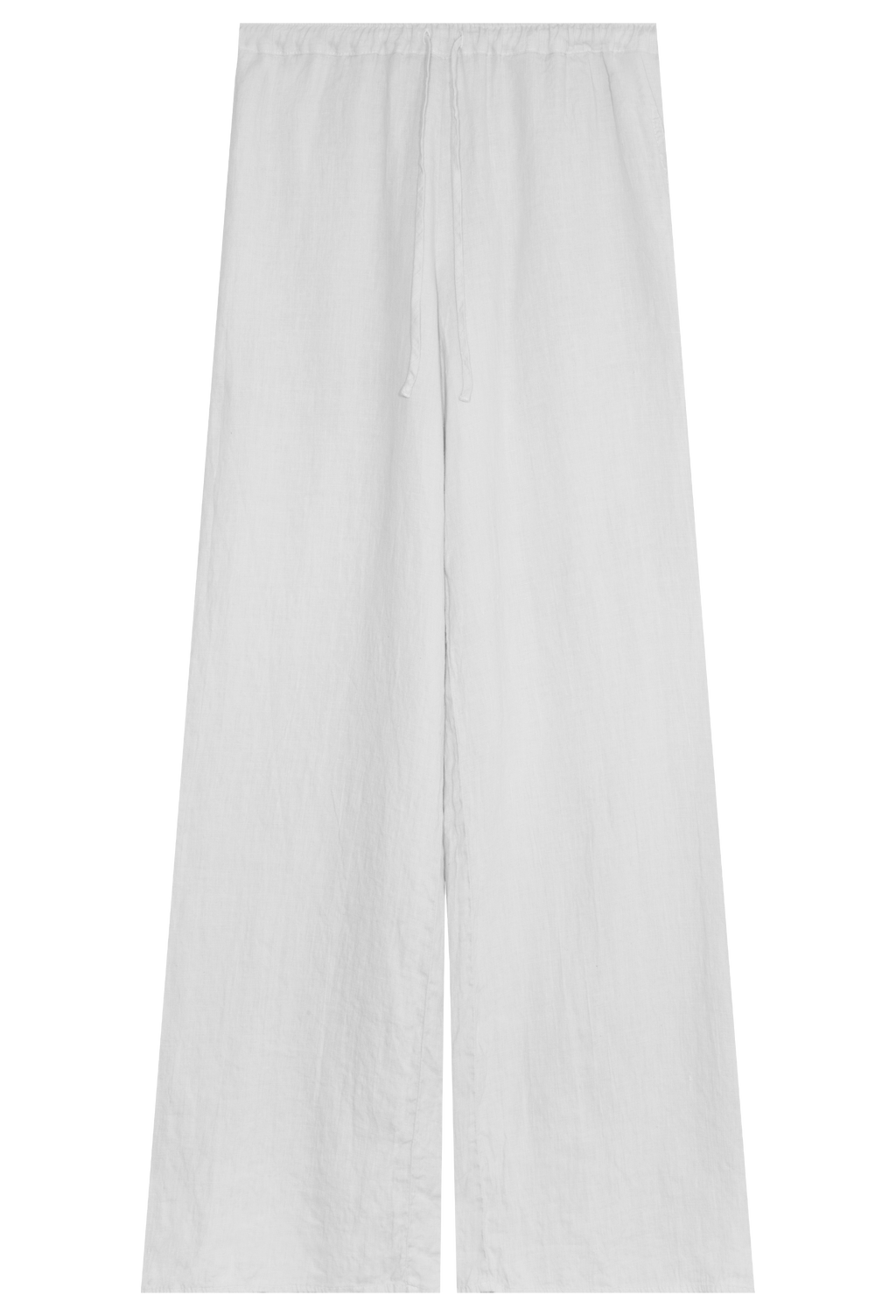 FLATLAY OF A WHITE COLORED LINEN DRAWSTRING PANT ON A TRANSPARENT BACKGROUND