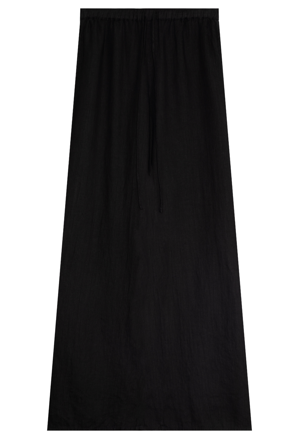 FLATLAY OF A BLACK COLORED LINEN DRAWSTRING MAXI SKIRT ON A TRANSPARENT BACKGROUND
