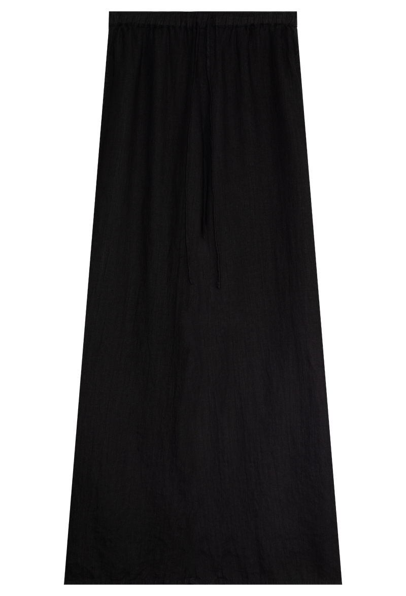 FLATLAY OF A BLACK COLORED LINEN DRAWSTRING MAXI SKIRT ON A TRANSPARENT BACKGROUND
