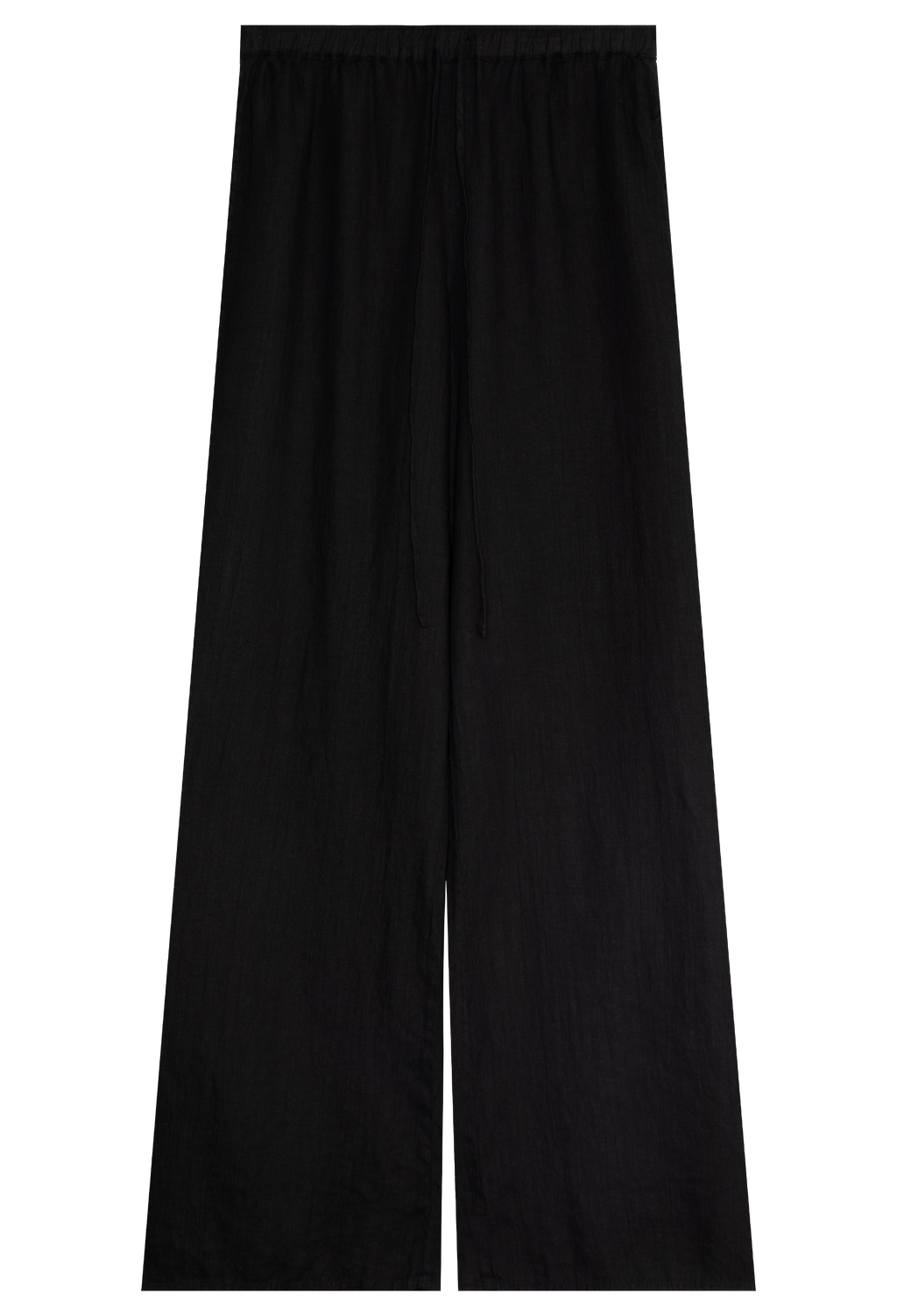 FLATLAY OF A BLACK COLORED LINEN DRAWSTRING PANT ON A TRANSPARENT BACKGROUND