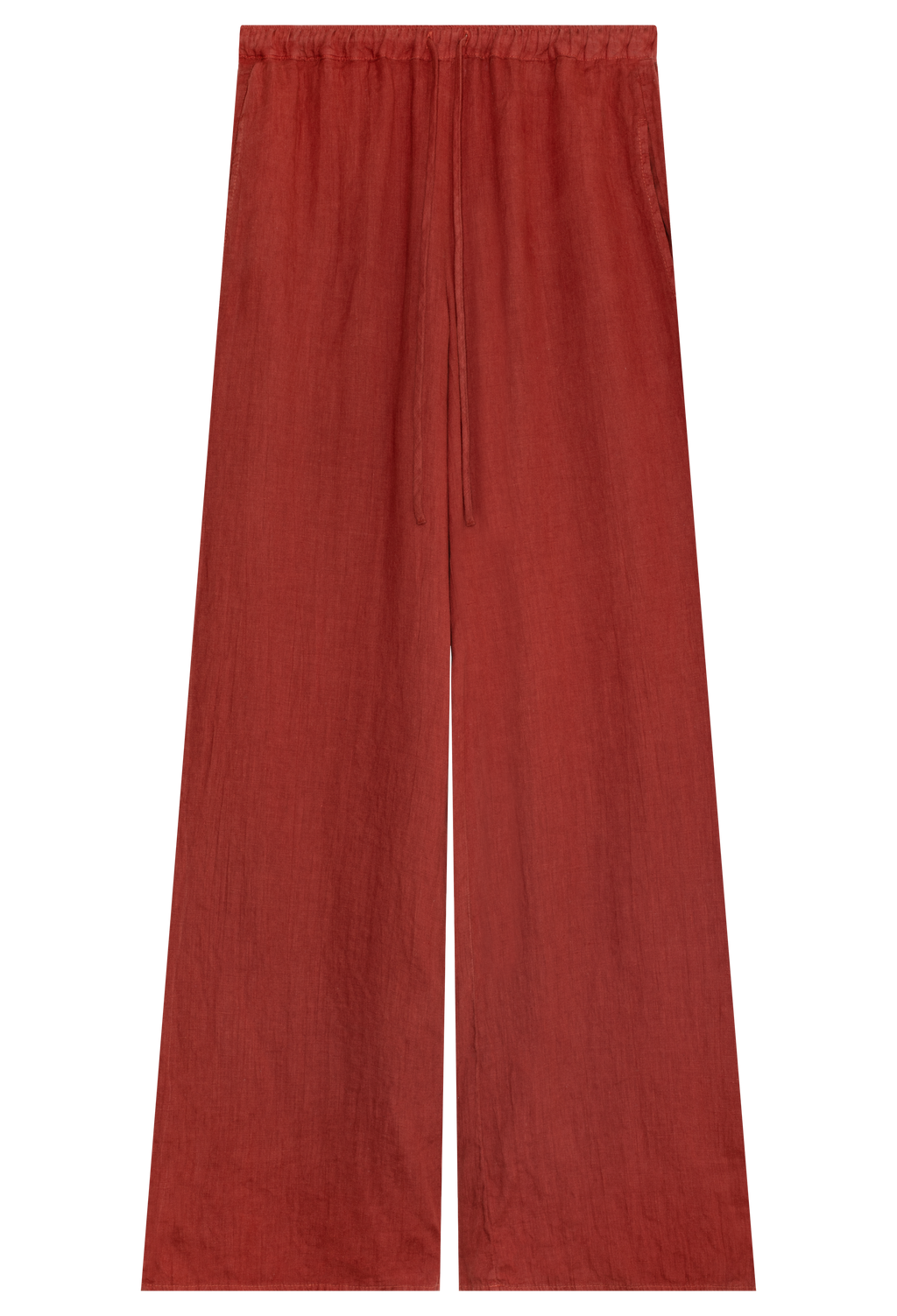 FLATLAY OF A RUST COLORED LINEN DRAWSTRING PANT ON A TRANSPARENT BACKGROUND
