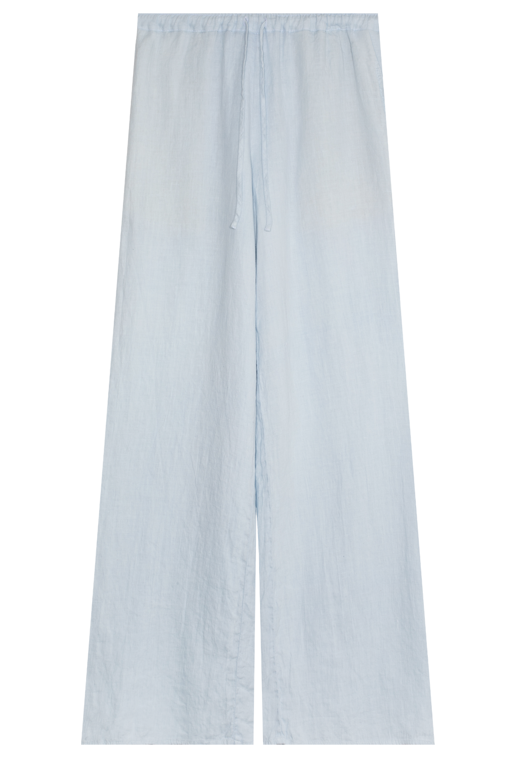 FLATLAY OF A LIGHT BLUE COLORED LINEN DRAWSTRING PANT ON A TRANSPARENT BACKGROUND