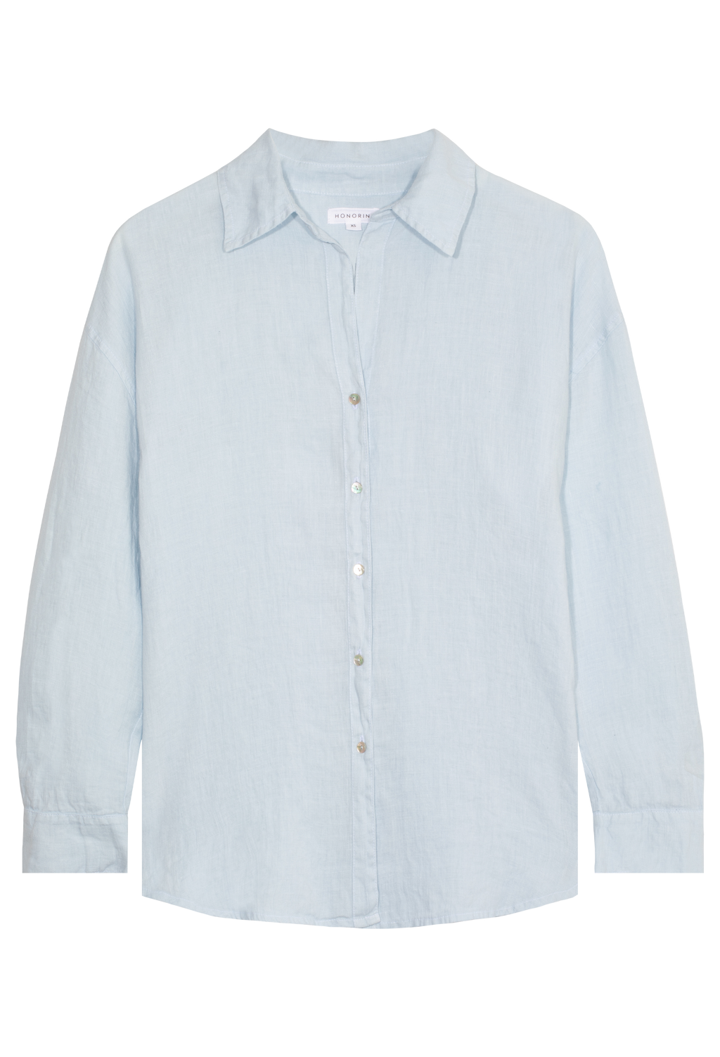 FLATLAY OF A LIGHT BLUE COLORED LINEN BUTTON UP SHIRT ON A TRANSPARENT BACKGROUND
