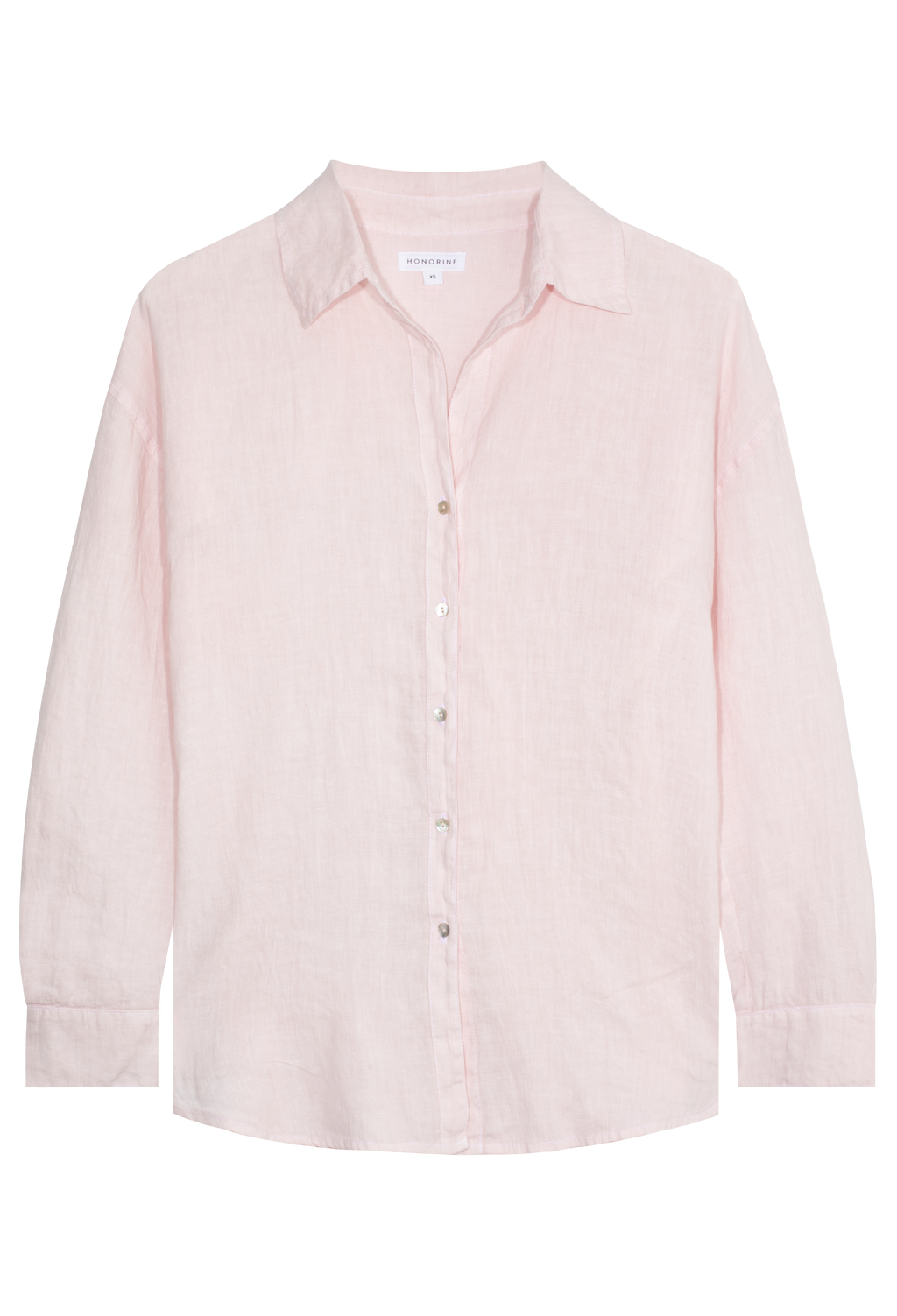 FLATLAY OF A LIGHT PINK COLORED LINEN BUTTON UP SHIRT ON A TRANSPARENT BACKGROUND. 