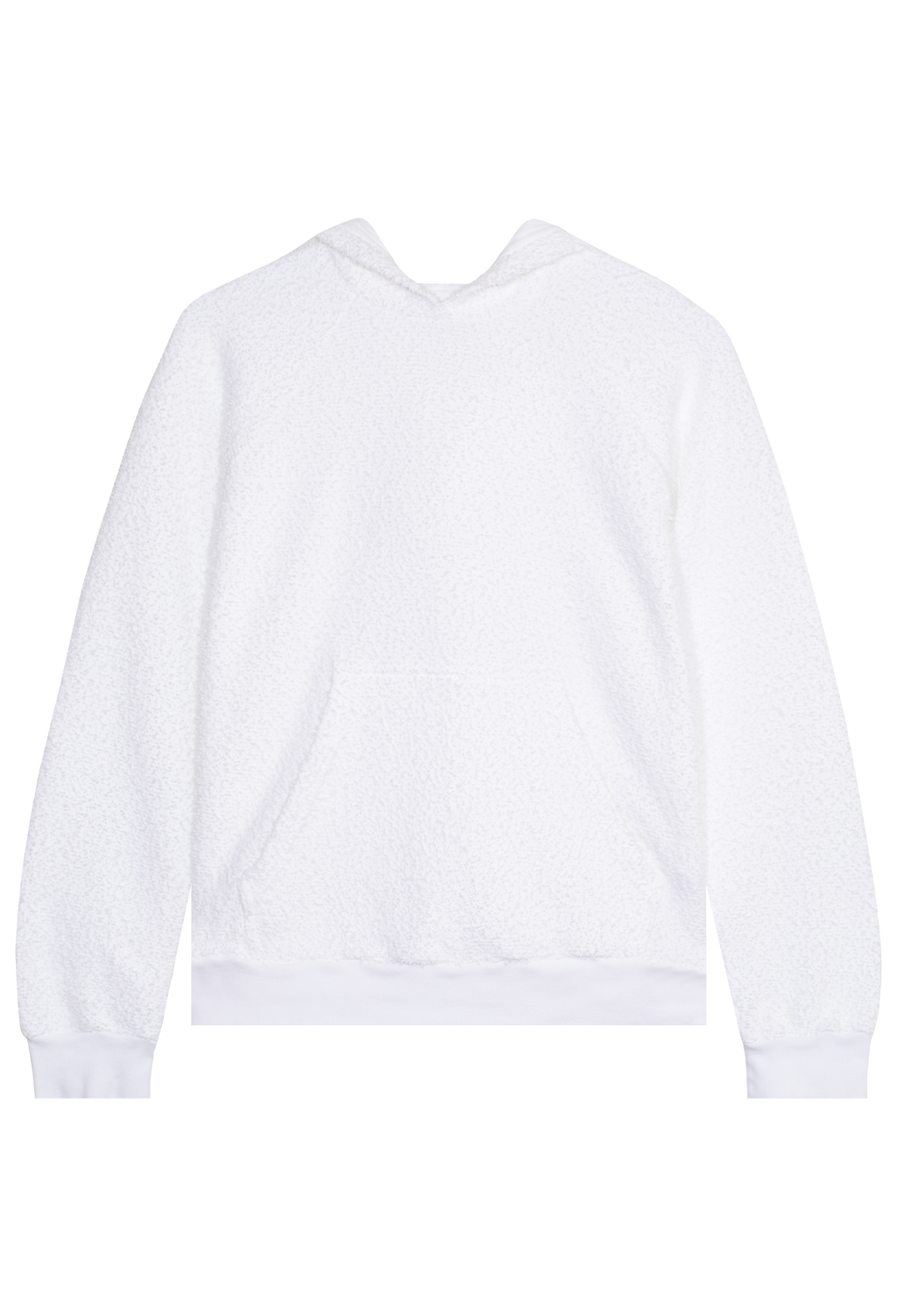 FLATLAY OF A WHITE BOUCLE HOODIE ON A TRANSPARENT BACKGROUND