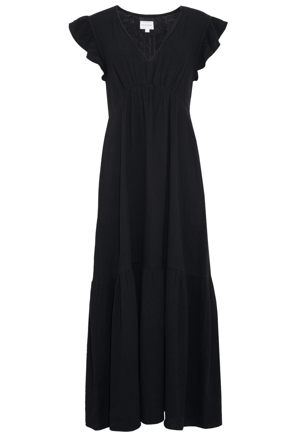 FLATLAY OF A BLACK MAXI DRESS WITH FLUTTER SLEEVES AND A FLOUNCE RUFFLE ON THE BOTTOM ON A TRANSPARENT BACKGROUND
