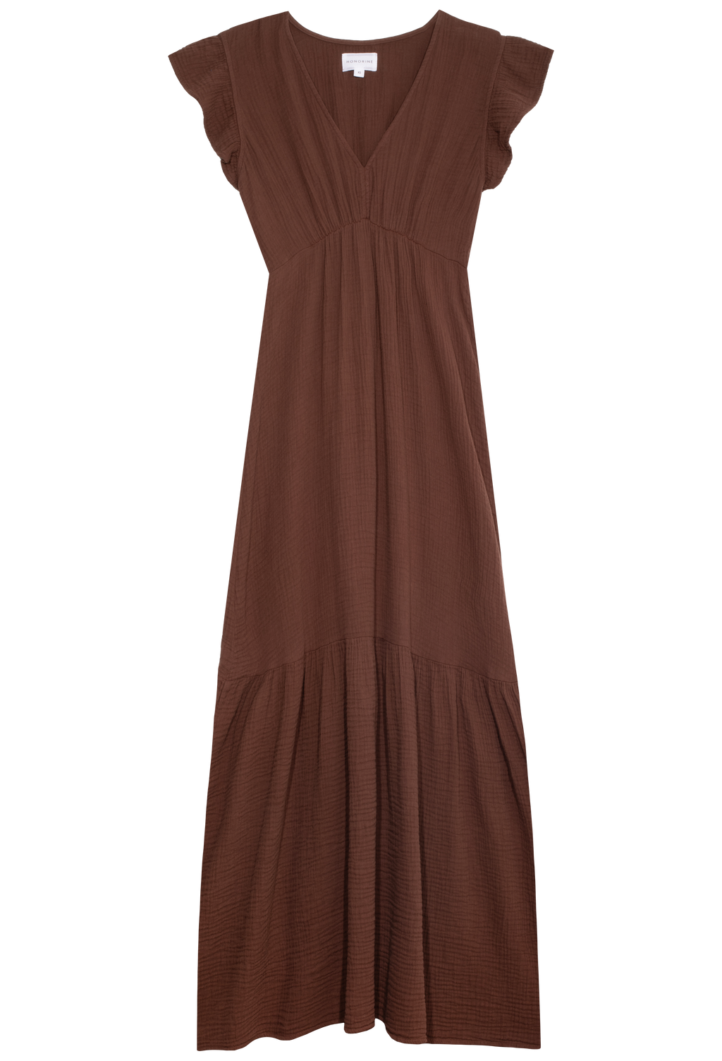 FLATLAY OF A BROWN MAXI DRESS WITH FLUTTER SLEEVES AND A FLOUNCE RUFFLE ON THE BOTTOM ON A TRANSPARENT BACKGROUND