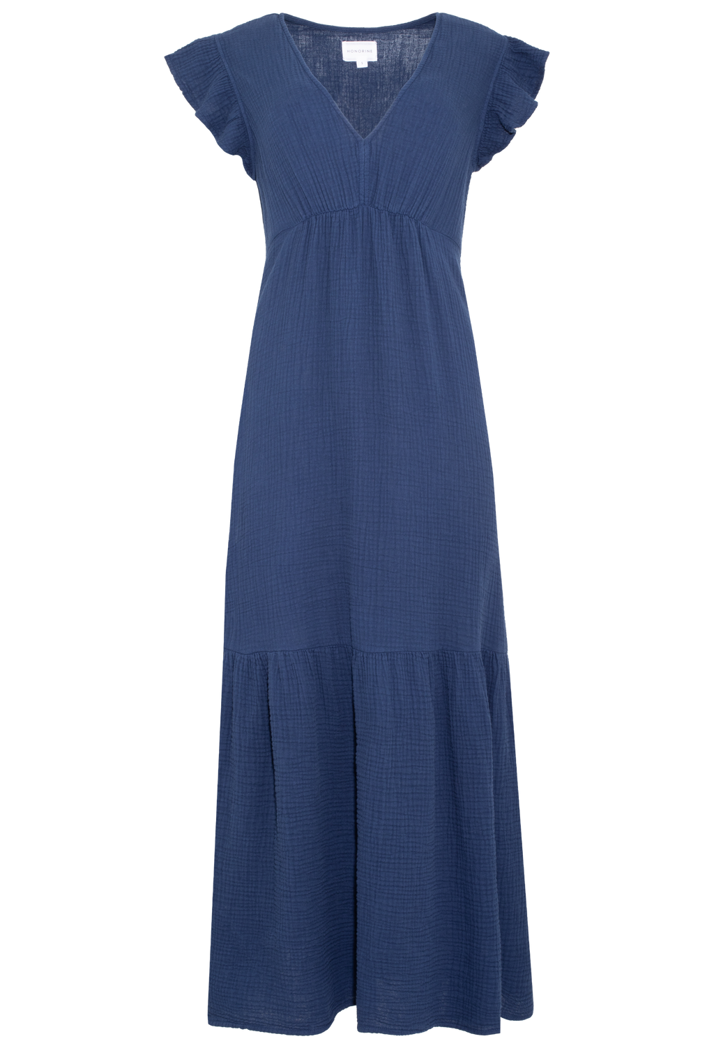 FLATLAY OF A NAVY MAXI DRESS WITH FLUTTER SLEEVES AND A FLOUNCE RUFFLE ON THE BOTTOM ON A TRANSPARENT BACKGROUND