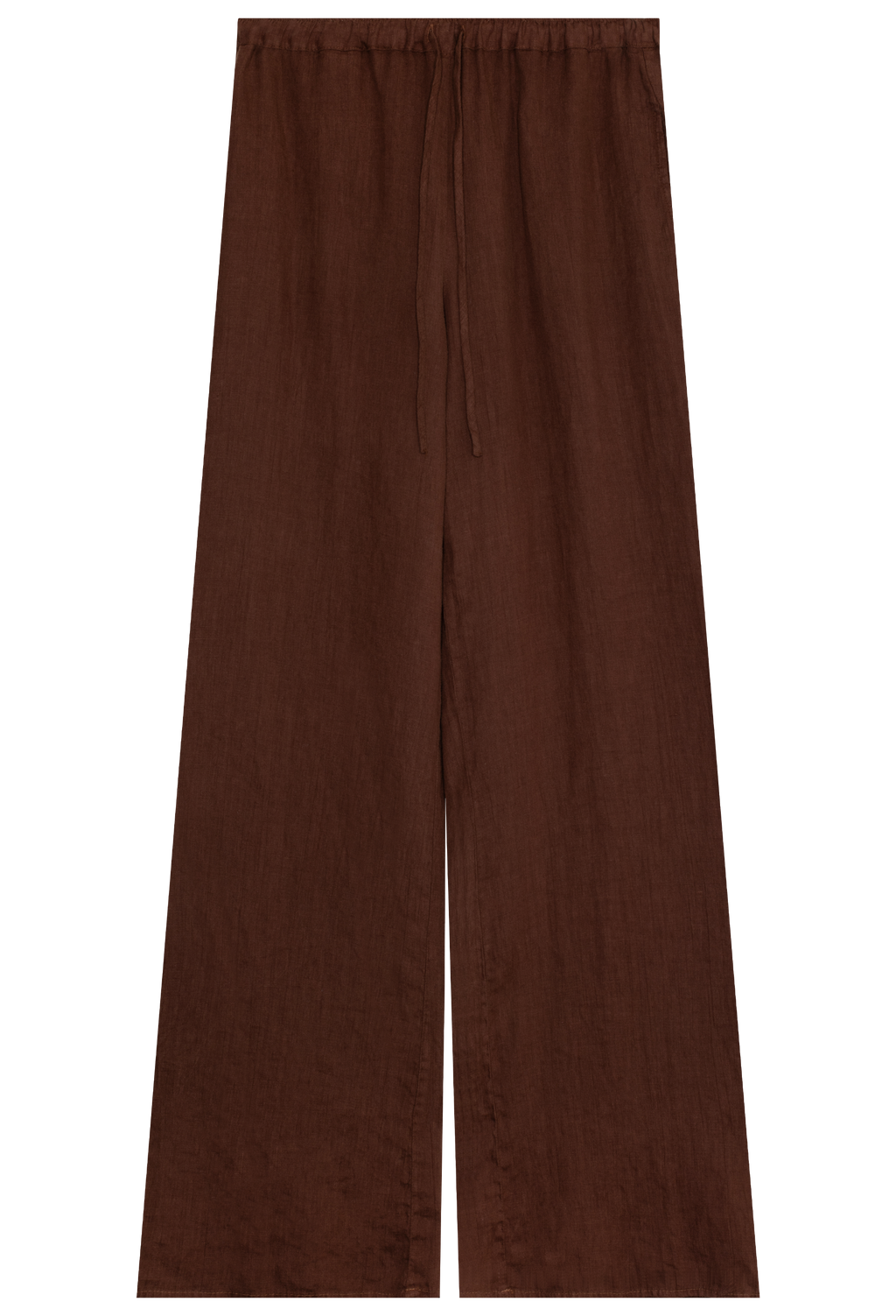 FLATLAY OF A BROWN COLORED LINEN DRAWSTRING PANT ON A TRANSPARENT BACKGROUND