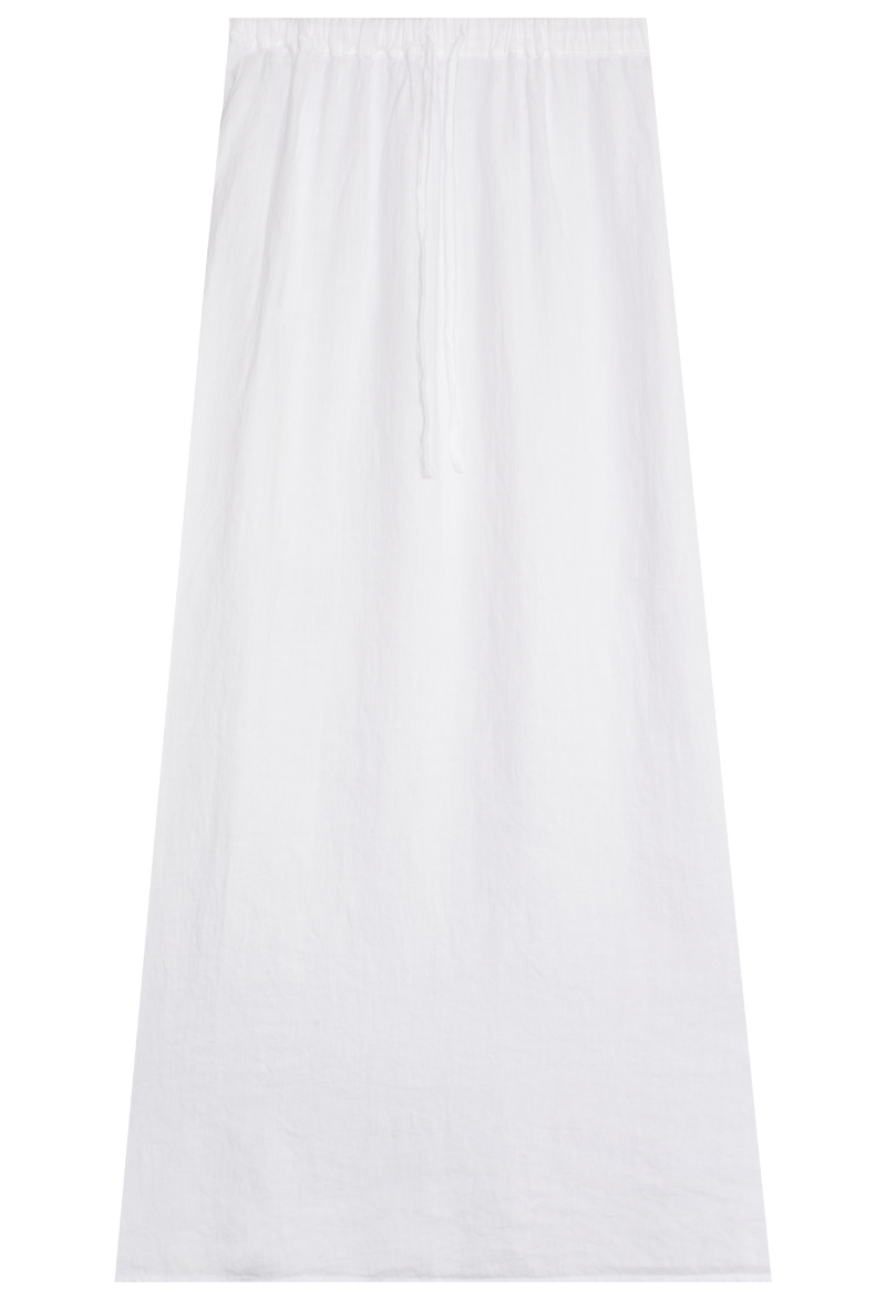 FLATLAY OF A WHITE COLORED LINEN DRAWSTRING MAXI SKIRT ON A TRANSPARENT BACKGROUND