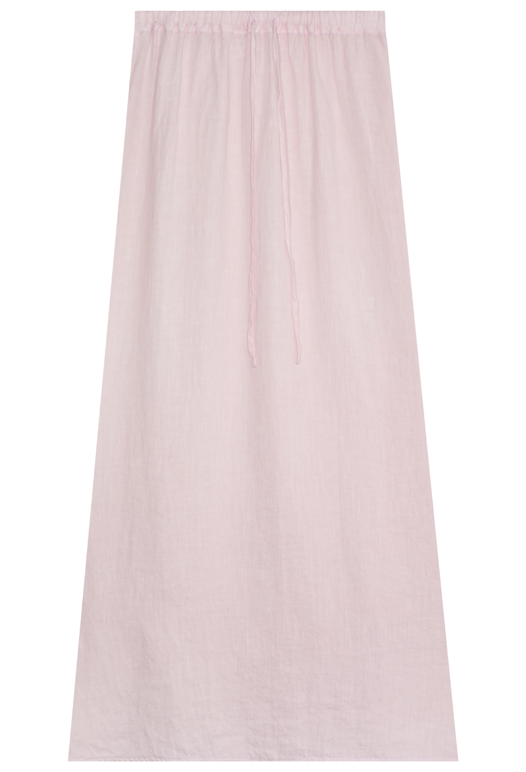 FLATLAY OF A LIGHT PINK COLORED LINEN DRAWSTRING MAXI SKIRT ON A TRANSPARENT BACKGROUND