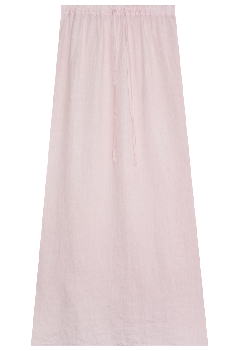 FLATLAY OF A LIGHT PINK COLORED LINEN DRAWSTRING MAXI SKIRT ON A TRANSPARENT BACKGROUND