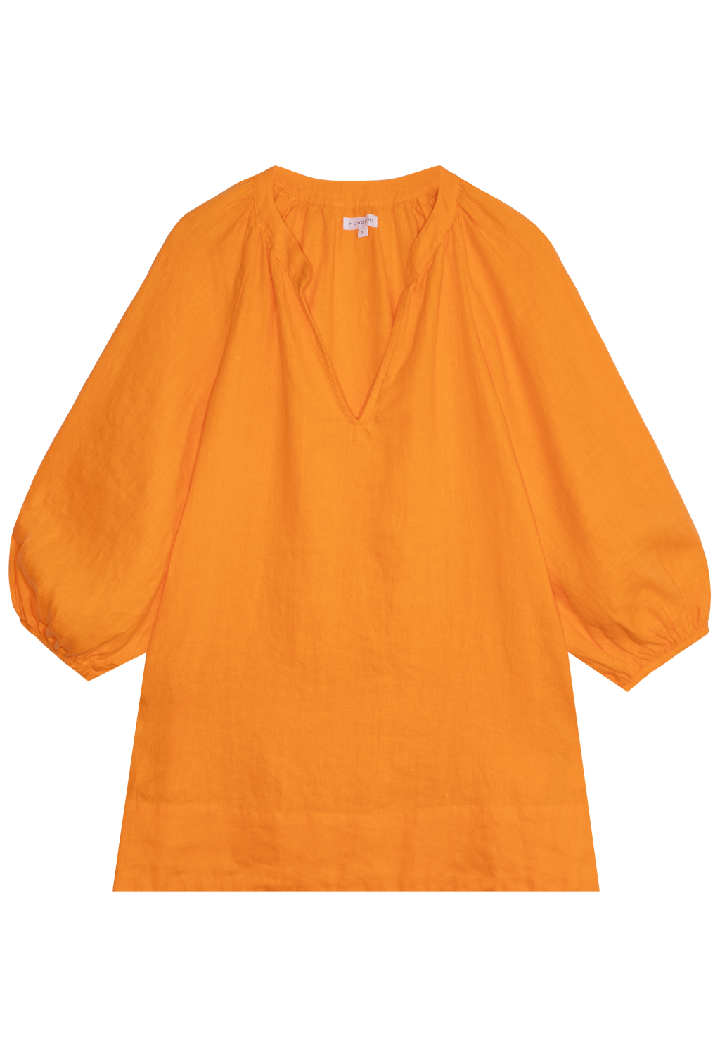 FLATLAY OF AN ORANGE COLORED LINEN SHORT DRESS WITH A V-NECK AND BILLOWY SLEEVES ON A TRANSPARENT BACKGROUND
