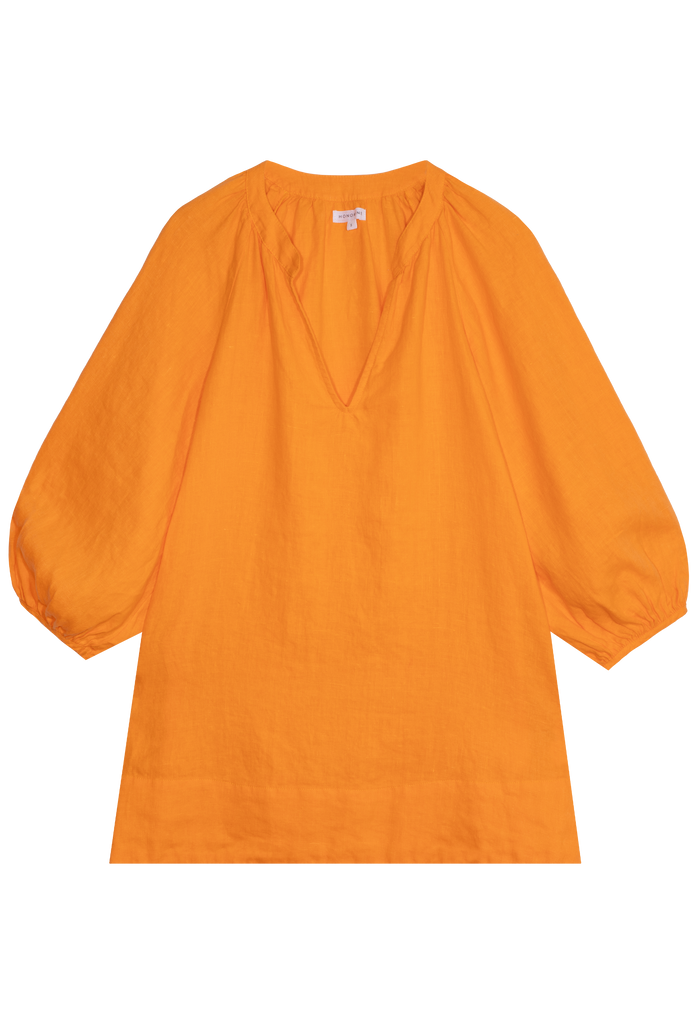 FLATLAY OF AN ORANGE COLORED LINEN SHORT DRESS WITH A V-NECK AND BILLOWY SLEEVES ON A TRANSPARENT BACKGROUND