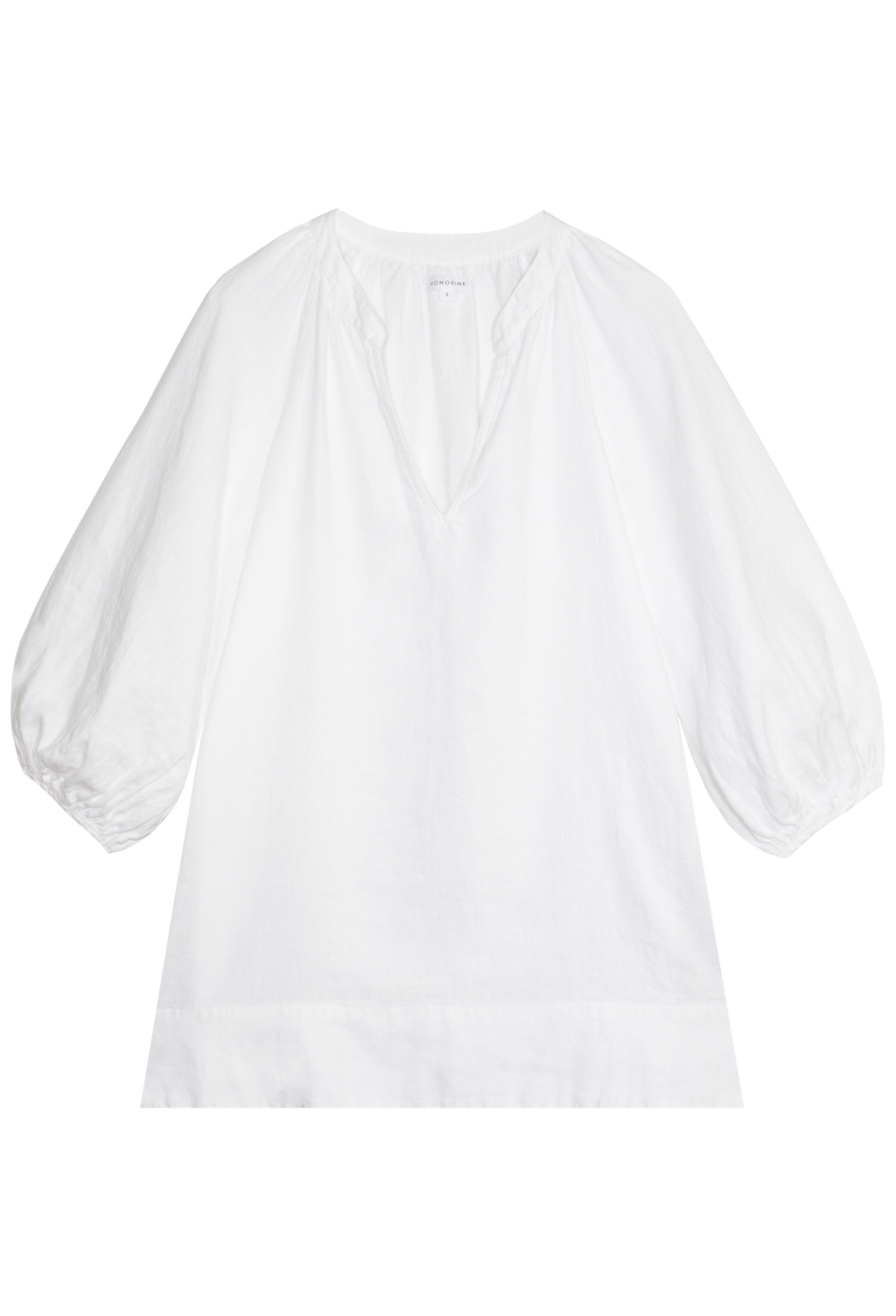 FLATLAY OF A WHITE COLORED LINEN SHORT DRESS WITH A V-NECK AND BILLOWY SLEEVES ON A TRANSPARENT BACKGROUND