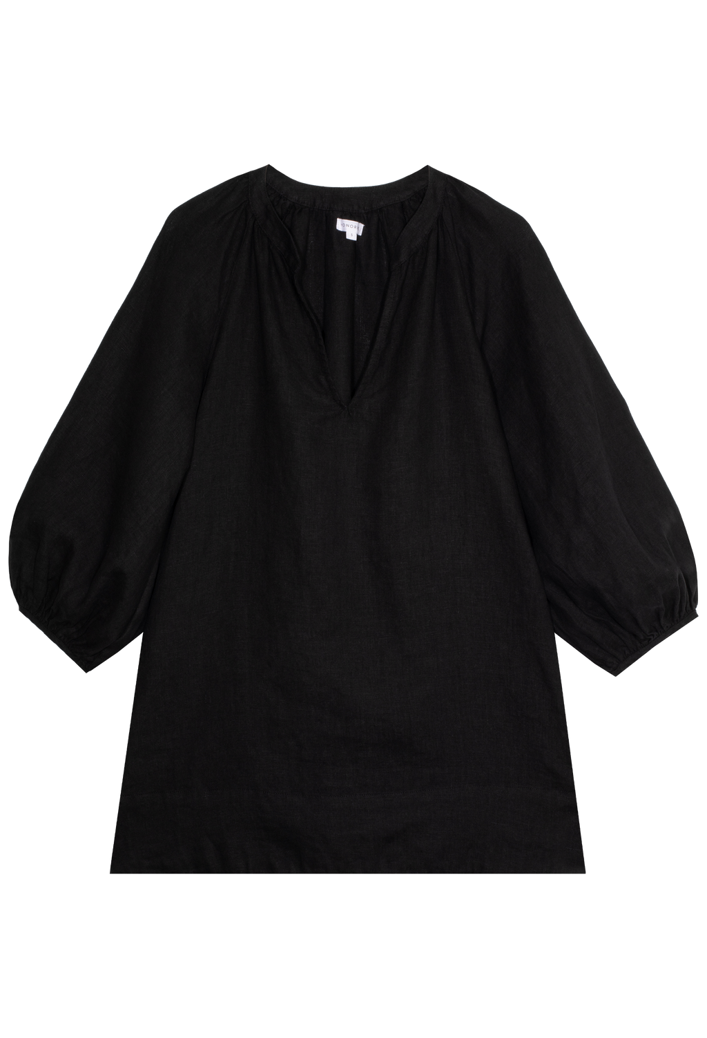 FLATLAY OF A BLACK COLORED LINEN SHORT DRESS WITH A V-NECK AND BILLOWY SLEEVES ON A TRANSPARENT BACKGROUND