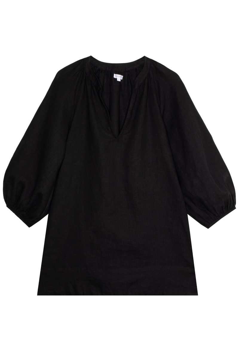 FLATLAY OF A BLACK COLORED LINEN SHORT DRESS WITH A V-NECK AND BILLOWY SLEEVES ON A TRANSPARENT BACKGROUND