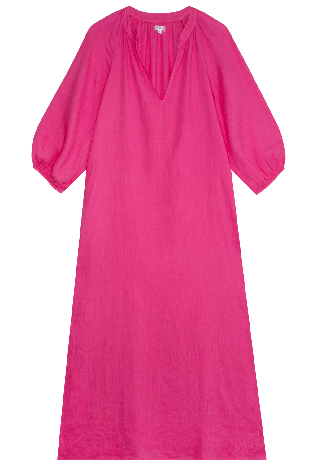 FLATLAY OF A PINK COLORED LINEN LONG DRESS WITH A V-NECK AND BOLLWY SLEEVES ON A TRANSPARENT BACKGROUND