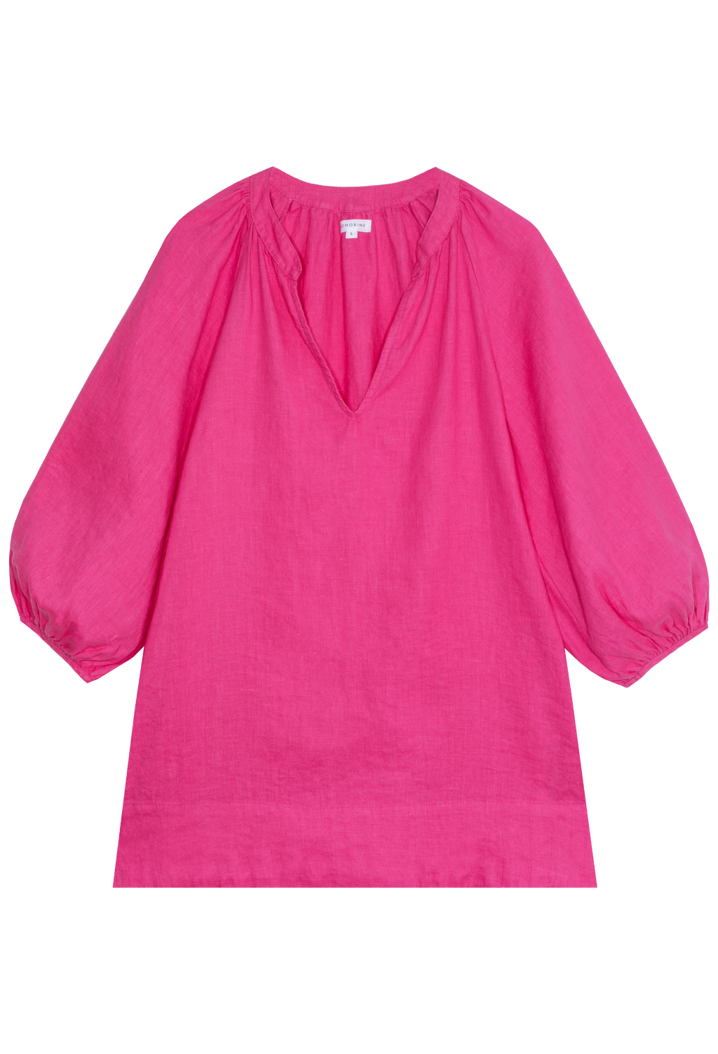 FLATLAY OF A PINK COLORED LINEN SHORT DRESS WITH A V-NECK AND BILLOWY SLEEVES ON A TRANSPARENT BACKGROUND