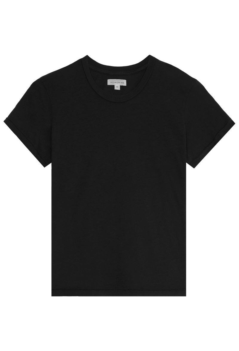 FLATLAY OF A BLACK CREWNECK TSHIRT ON A TRANSPARENT BACKGROUND